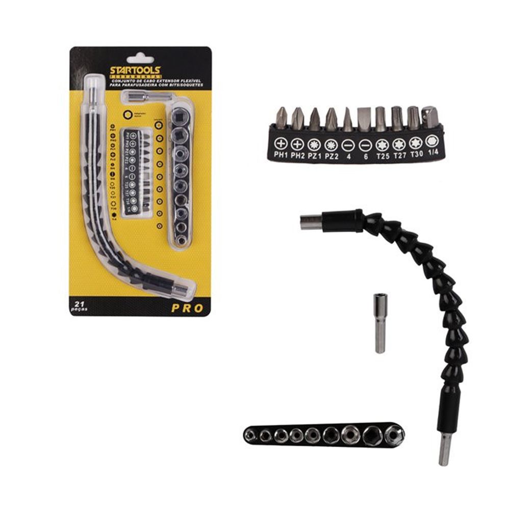 Kit Cabo Extensor Flexível Para Parafusadeira 21 Peças com Bits Soquete Ferramentas Conjunto