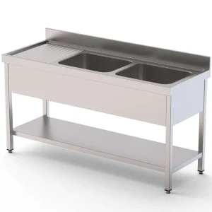 Lava-Louça Em Aço Inox 2 Cubas Direita Fundo 700 c/ Móvel c/ Estante - 1800x700x850h Mm IS1718R20S1