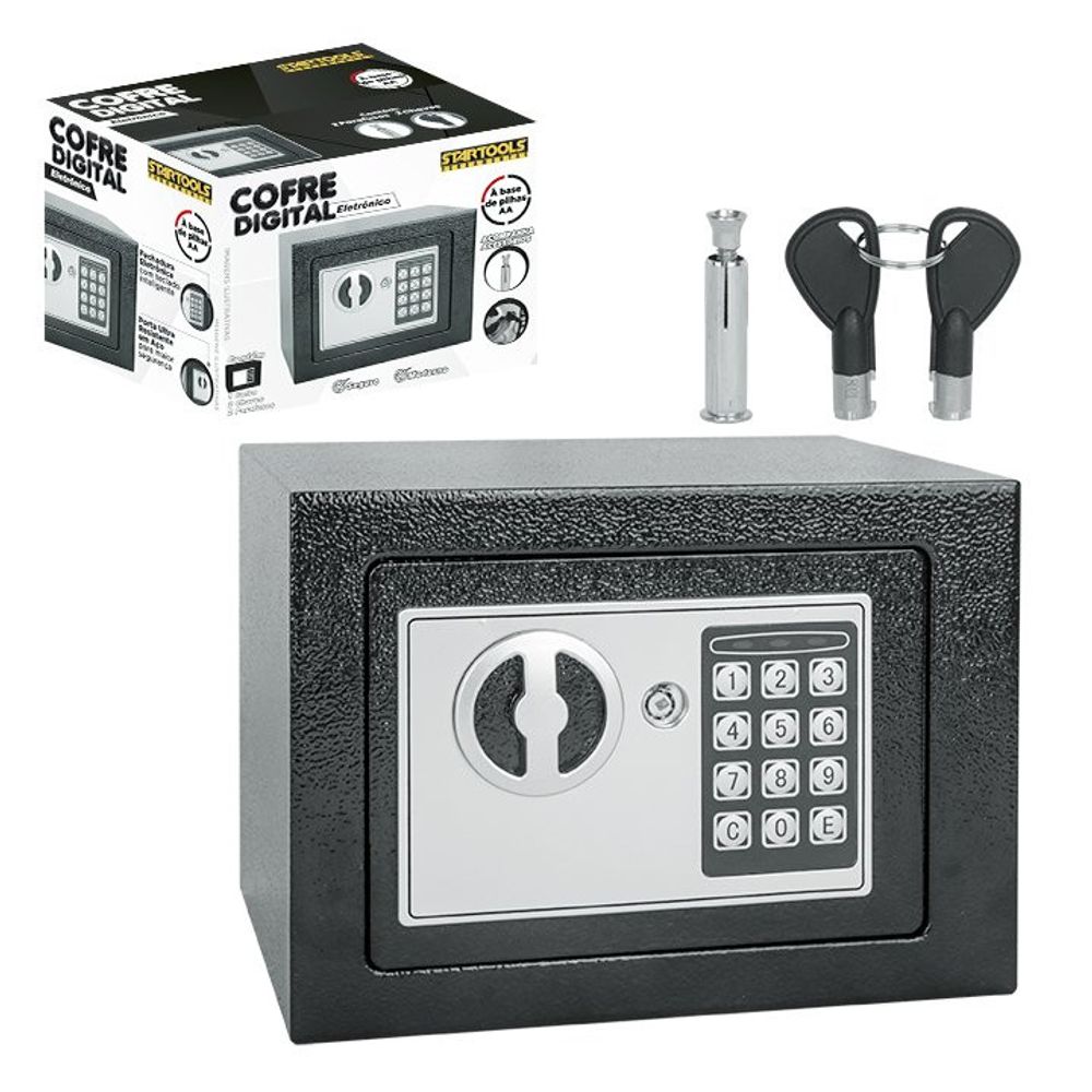 Cofre Digital Eletrônico com Teclado e Chave Preto 20x15x15cm Segredo Seguro Residencial e Escritório