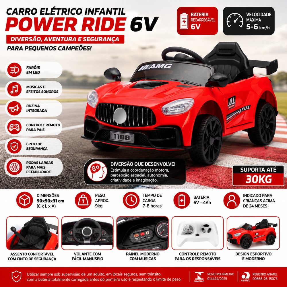 Carro Elétrico Infantil Power Ride 6V Vermelha com Controle Remoto e Faróis LED