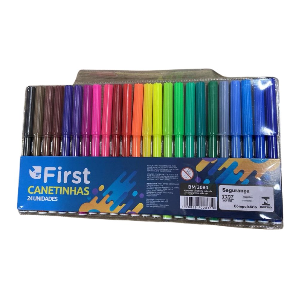 Conjunto de Canetinhas Coloridas 24 Unidades First Canetas Para Desenho Escolar e Artes