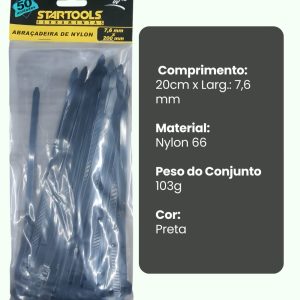 Abraçadeira de Nylon 20cm x 7,6mm 50 Unidades Preta Resistência Alta para Fixação
