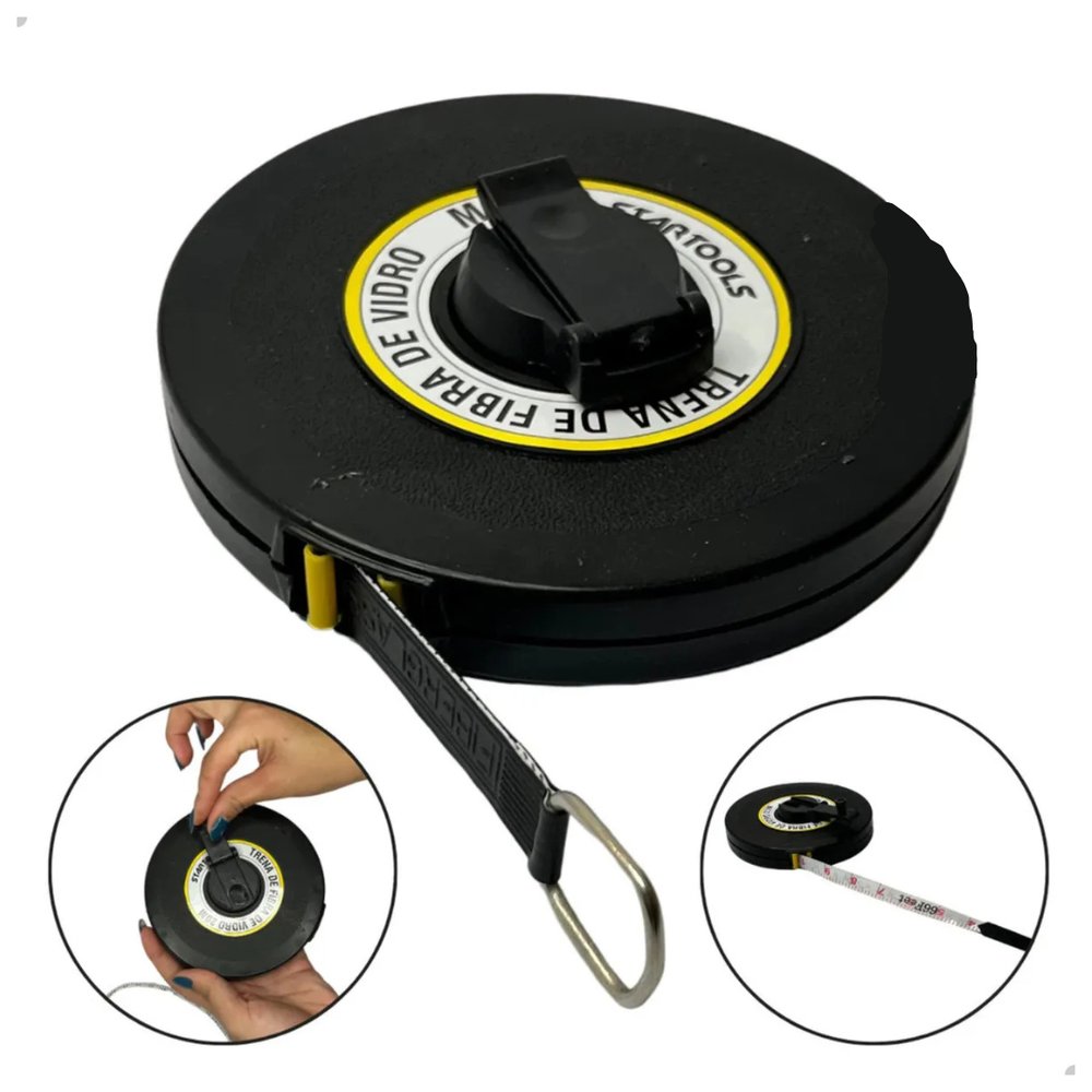 Trena Métrica 10M Fibra de Vidro Preta Resistente Fita Métrica Enrolável Profissional