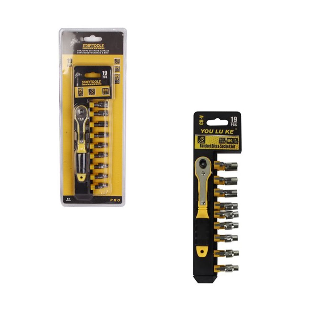 Kit Chave Catraca 19 Peças Soquete Canhão e Bits Profissional Aço Carbono Resistente